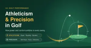 Illustrated featured image titled "Athleticism & Precision in Golf", showing a gold swing arc launching a golf ball along a dotted flight path towards a flag inside a target reticle on a green, with labels for power, flexibility and stamina alongside technique, focus and decisions.