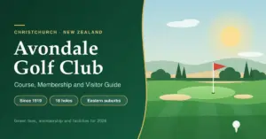 Illustrated featured image for the Avondale Golf Club Christchurch guide, showing a sunny parkland golf course with a flag on the green, sand bunkers and a ball on a tee beside the text "Avondale Golf Club – Course, Membership and Visitor Guide".