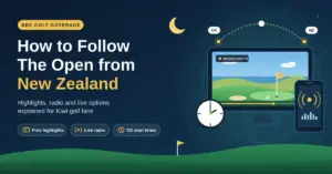 Illustrated graphic for a guide to following The Open from New Zealand, showing a TV playing golf highlights of a seaside links green, a clock, a phone streaming radio commentary, and a dotted arc linking the UK and NZ against a night sky.