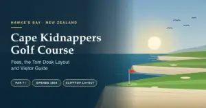 Illustration of golf fairways on clifftop ridges above the Pacific Ocean at sunrise, with a red flag on the green and the title Cape Kidnappers Golf Course: Fees, the Tom Doak Layout and Visitor Guide.