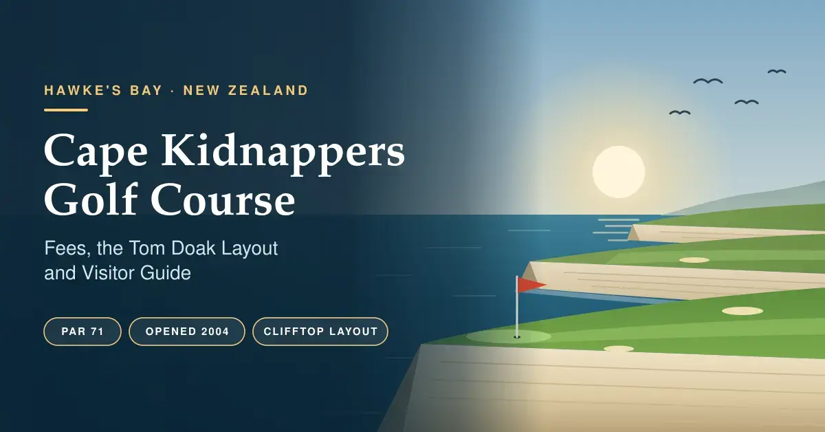 Illustration of golf fairways on clifftop ridges above the Pacific Ocean at sunrise, with a red flag on the green and the title Cape Kidnappers Golf Course: Fees, the Tom Doak Layout and Visitor Guide.