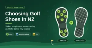 Illustration comparing the soles of a spiked and a spikeless golf shoe beside the title "Choosing Golf Shoes in NZ", with icons for grip, waterproofing and fit on a rainy green fairway background.