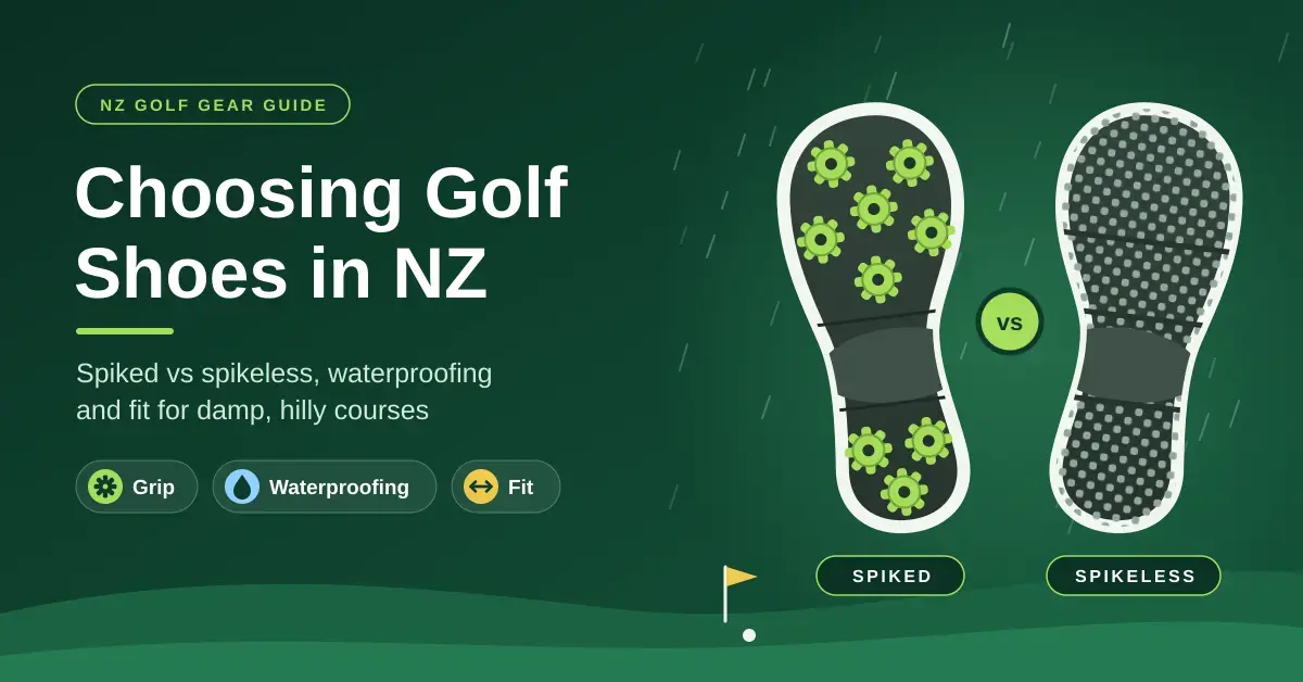 Illustration comparing the soles of a spiked and a spikeless golf shoe beside the title "Choosing Golf Shoes in NZ", with icons for grip, waterproofing and fit on a rainy green fairway background.