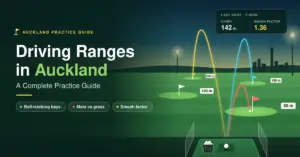 Illustration of an Auckland driving range at dusk, with coloured ball-tracer arcs flying from a hitting bay to target greens marked 50 m to 200 m, a shot-data panel showing carry and smash factor, and the title Driving Ranges in Auckland: A Complete Practice Guide.