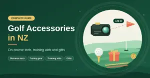 Illustrated featured graphic titled "Golf Accessories in NZ" showing a laser rangefinder measuring 148 m to a flag on the green, alongside a golf ball on a tee, a gift box, a ball marker and alignment sticks.