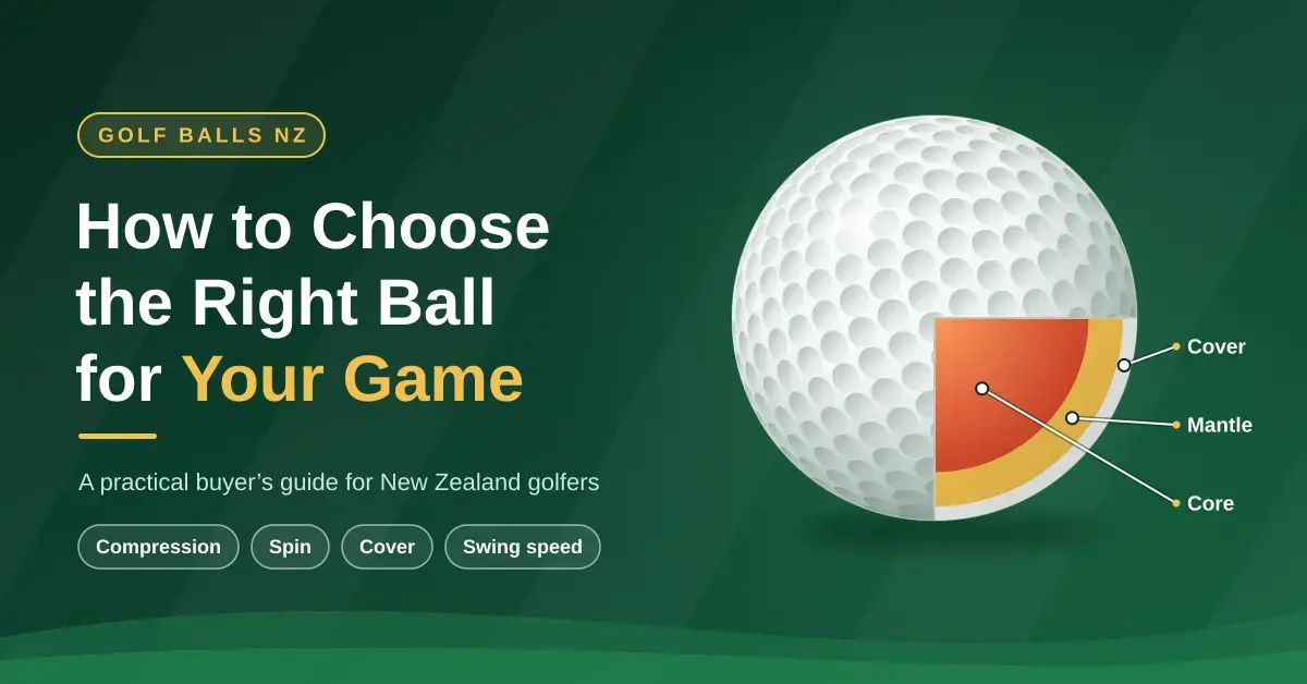 Illustration of a white golf ball with a cutaway showing its cover, mantle and core layers beside the headline "How to Choose the Right Ball for Your Game" on a fairway-green background.