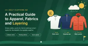 Illustrated guide to golf clothing in New Zealand showing a white polo shirt, navy quarter-zip and red rain jacket as base, mid and outer layers, with a UPF 50+ badge, sun and rain cloud above a green fairway.