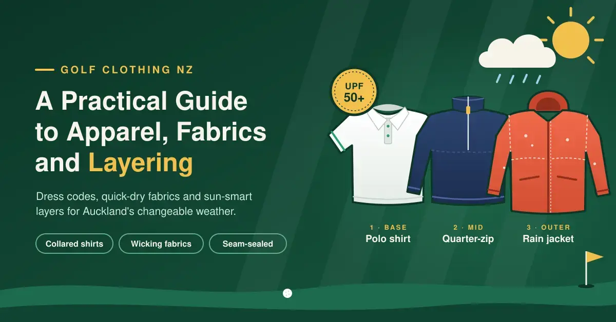 Illustrated guide to golf clothing in New Zealand showing a white polo shirt, navy quarter-zip and red rain jacket as base, mid and outer layers, with a UPF 50+ badge, sun and rain cloud above a green fairway.