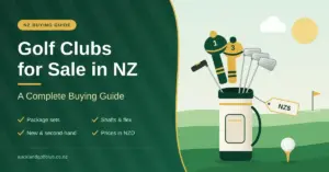 Illustrated golf bag holding a driver, fairway wood, irons, wedge and putter with an NZ$ price tag beside a golf ball on a tee, next to the title "Golf Clubs for Sale in NZ: A Complete Buying Guide".