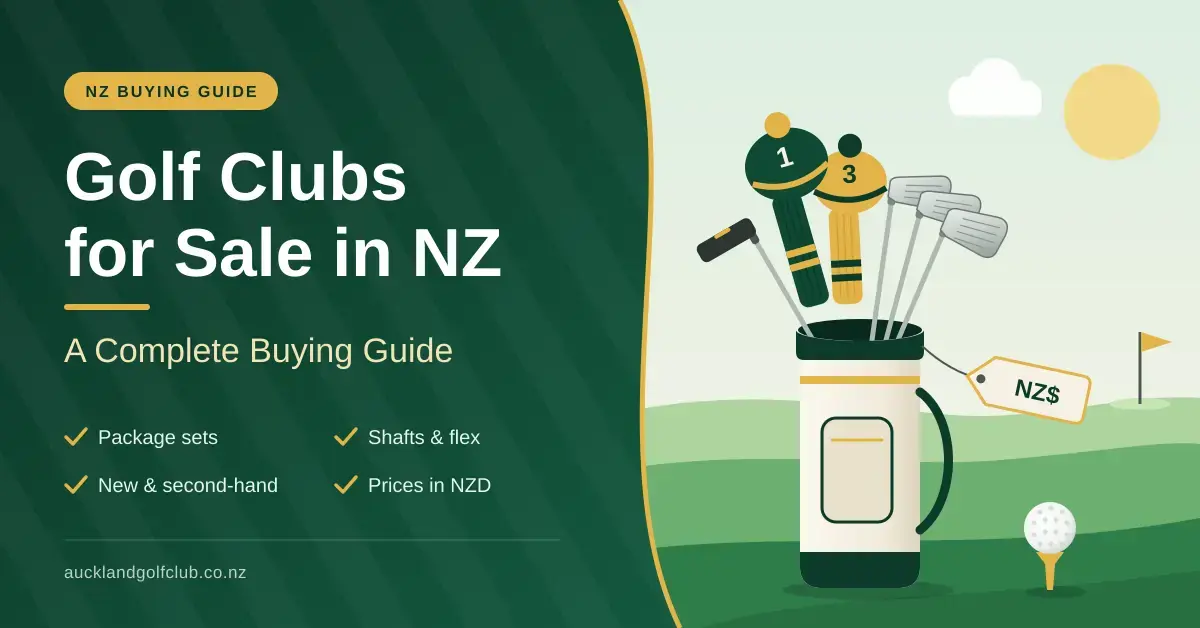 Illustrated golf bag holding a driver, fairway wood, irons, wedge and putter with an NZ$ price tag beside a golf ball on a tee, next to the title "Golf Clubs for Sale in NZ: A Complete Buying Guide".