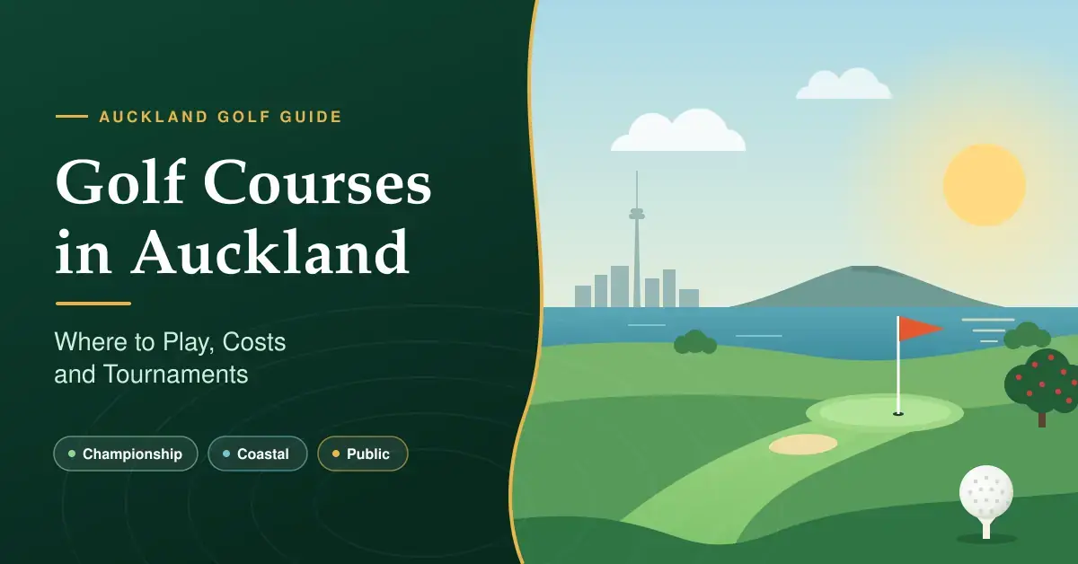 Illustrated golf course overlooking the Auckland harbour, with a red flag on the putting green, a golf ball on a tee, a volcanic island and the city skyline beside the title “Golf Courses in Auckland: Where to Play, Costs and Tournaments”.