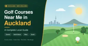 Illustrated featured image for a guide to golf courses near you in Auckland, showing a putting green with a flag, a golf ball on a tee, the city skyline and a volcanic island across the harbour, beside the title and the four regions: Central, North Shore, West and South.