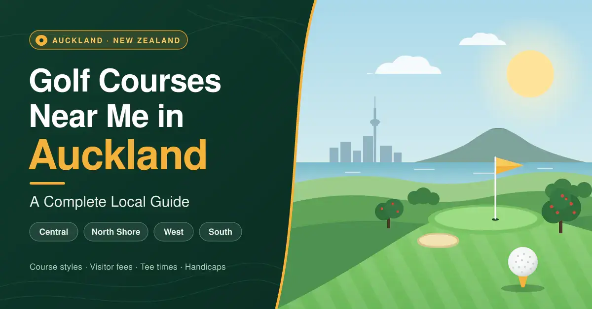 Illustrated featured image for a guide to golf courses near you in Auckland, showing a putting green with a flag, a golf ball on a tee, the city skyline and a volcanic island across the harbour, beside the title and the four regions: Central, North Shore, West and South.