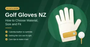 Illustration of a white golf glove with a gold wrist strap and a golf ball on a tee against a green fairway-style background, beside the title Golf Gloves NZ: How to Choose Material, Size and Fit.
