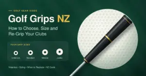 Illustration of a black golf grip with gold bands on a steel shaft over a large golf ball, beside the title "Golf Grips NZ: How to Choose, Size and Re-Grip Your Clubs" and a chart comparing four grip sizes from undersize to jumbo.