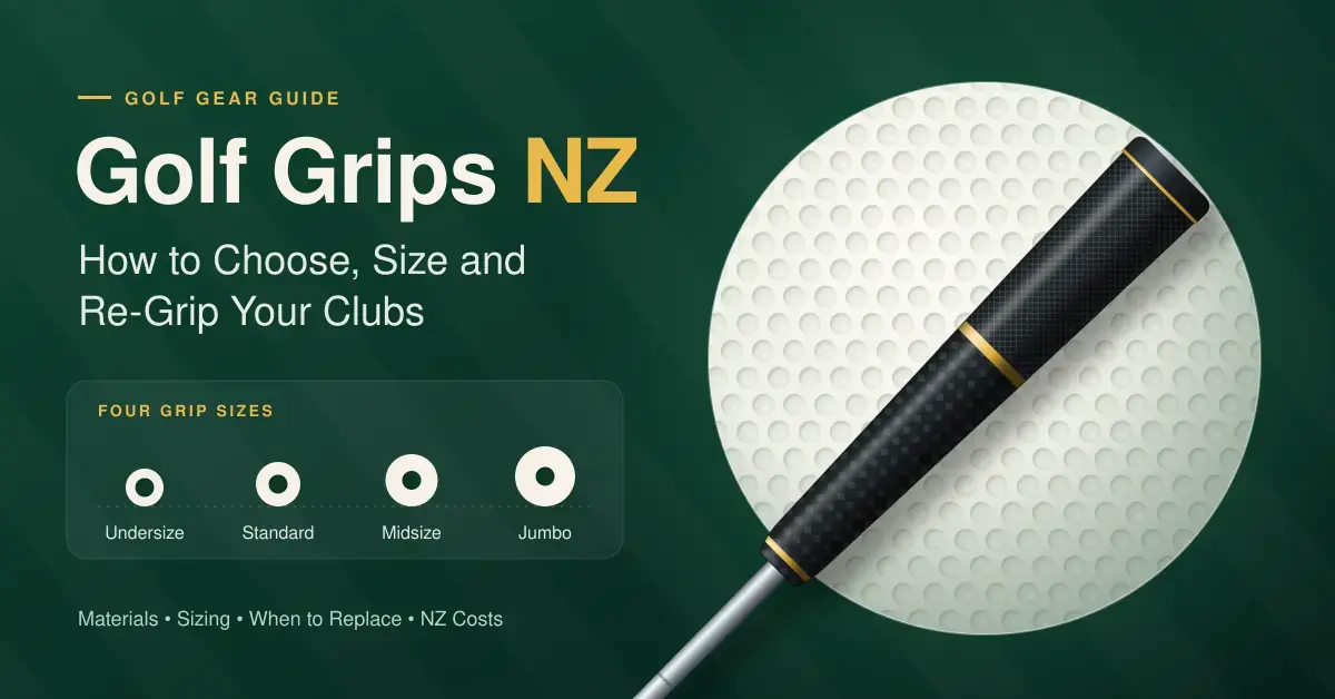 Illustration of a black golf grip with gold bands on a steel shaft over a large golf ball, beside the title "Golf Grips NZ: How to Choose, Size and Re-Grip Your Clubs" and a chart comparing four grip sizes from undersize to jumbo.