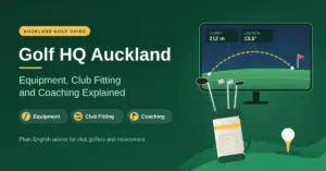 Illustrated banner reading "Golf HQ Auckland: Equipment, Club Fitting and Coaching Explained", showing a golf bag with clubs in front of a launch-monitor screen that tracks a ball's flight to a flag, beside a golf ball on a tee on a green fairway.