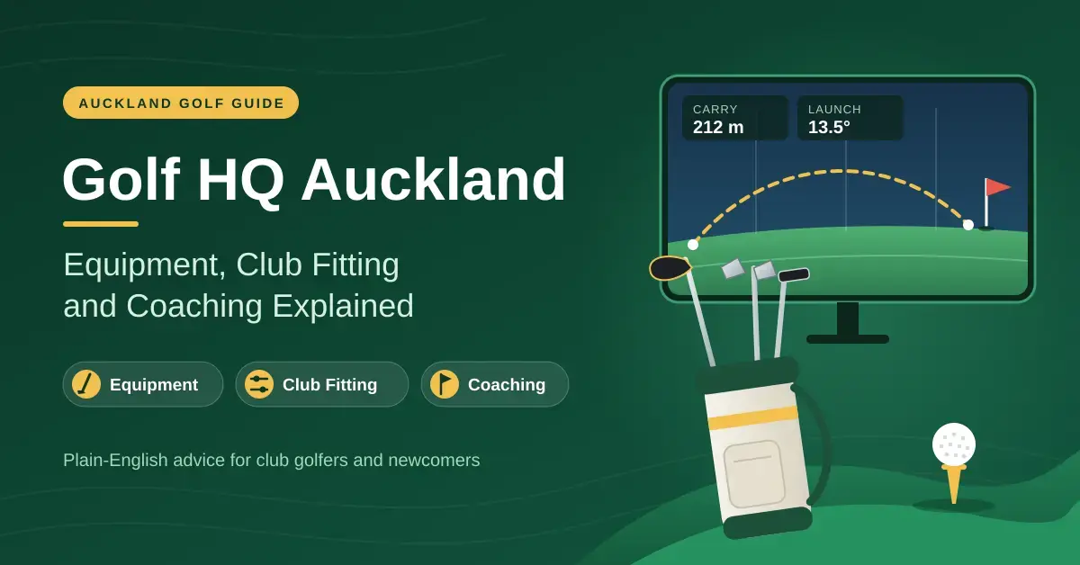 Illustrated banner reading "Golf HQ Auckland: Equipment, Club Fitting and Coaching Explained", showing a golf bag with clubs in front of a launch-monitor screen that tracks a ball's flight to a flag, beside a golf ball on a tee on a green fairway.
