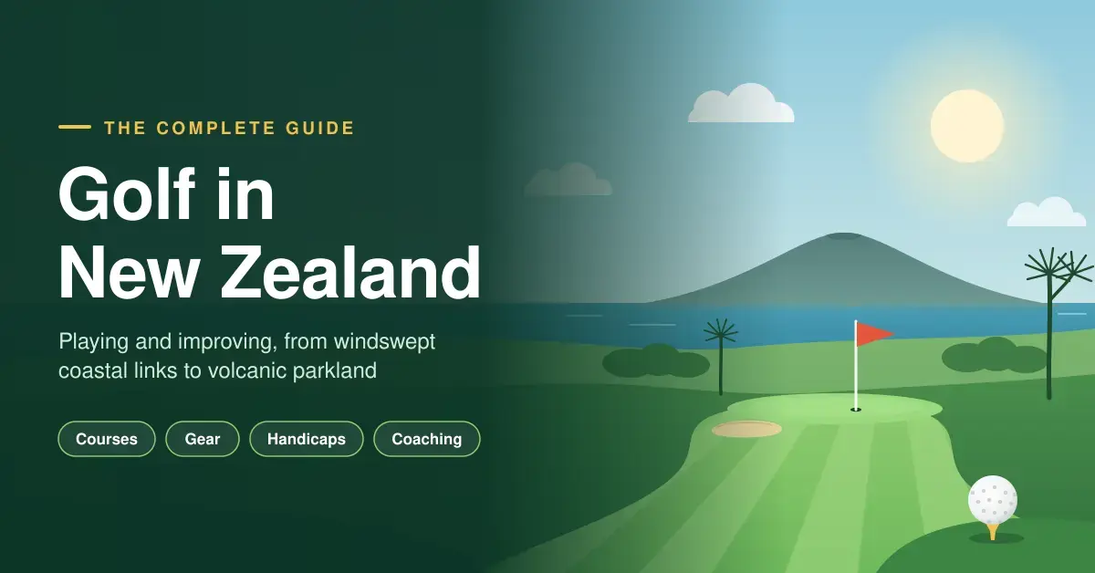 Illustrated golf scene with a striped fairway, a red flag on the green, a ball on a tee and a volcanic island cone across the harbour, next to the title "Golf in New Zealand" and the topics courses, gear, handicaps and coaching.