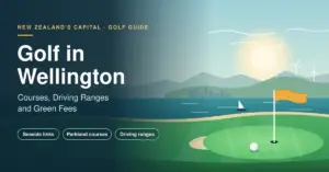 Illustrated golf green with a wind-blown orange flag overlooking Wellington Harbour, the city skyline and hilltop wind turbines, beside the title “Golf in Wellington: Courses, Driving Ranges and Green Fees”.