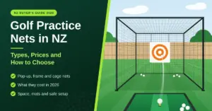 Illustration of a golf practice cage net in a fenced back garden, with an orange target on the back net and a ball on a tee on a hitting mat, beside the heading "Golf Practice Nets in NZ: Types, Prices and How to Choose".