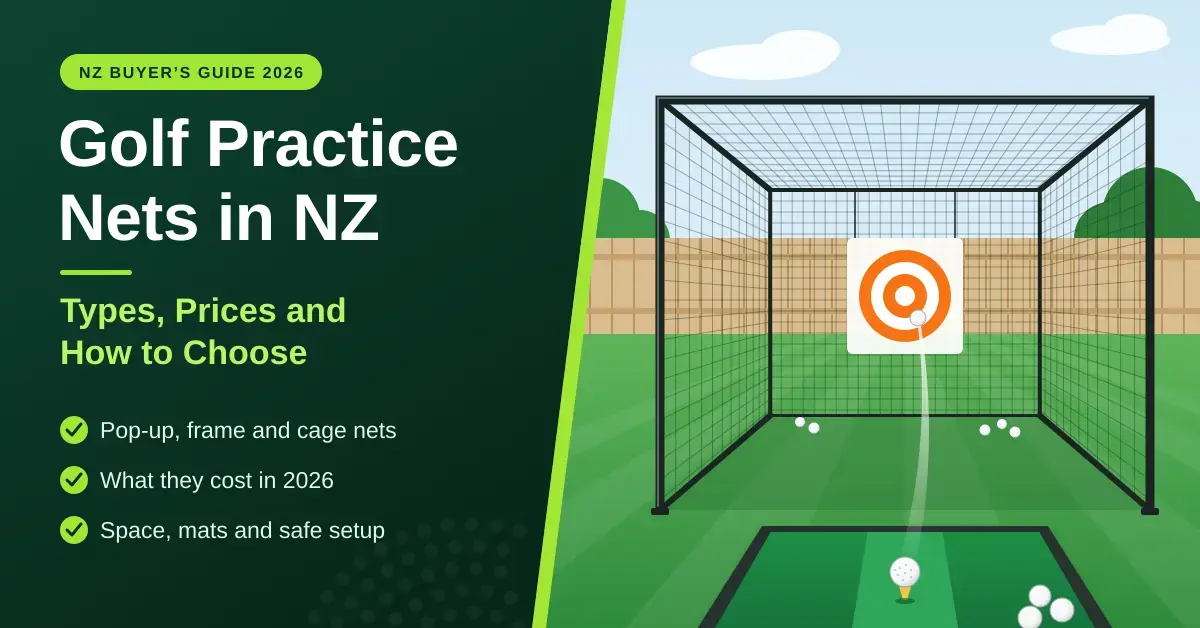 Illustration of a golf practice cage net in a fenced back garden, with an orange target on the back net and a ball on a tee on a hitting mat, beside the heading "Golf Practice Nets in NZ: Types, Prices and How to Choose".