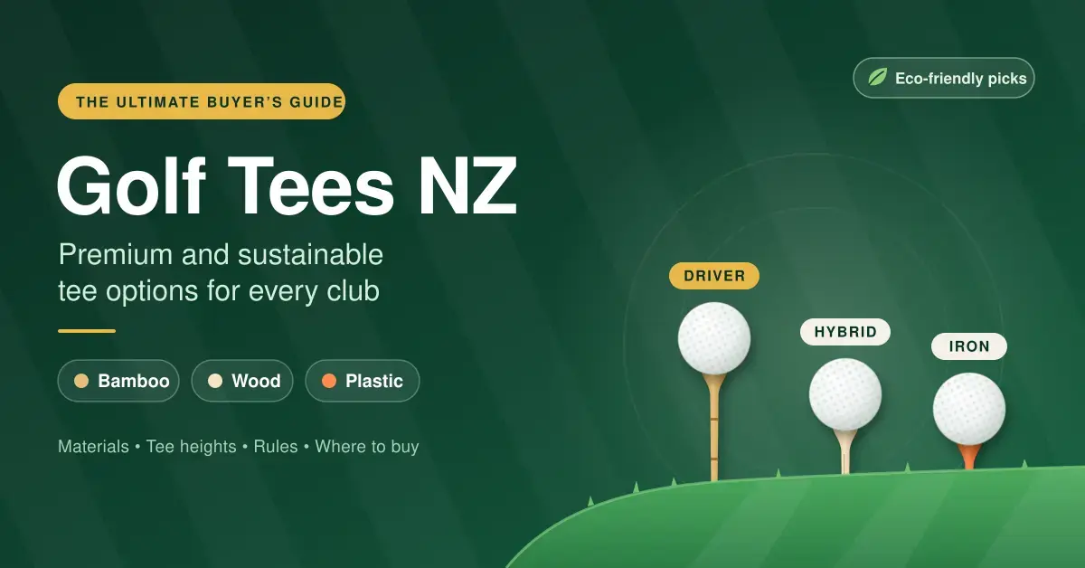 Illustration of three golf balls sitting on bamboo, wooden and plastic tees set at different heights for a driver, hybrid and iron, next to the heading "Golf Tees NZ" on a green fairway-striped background.
