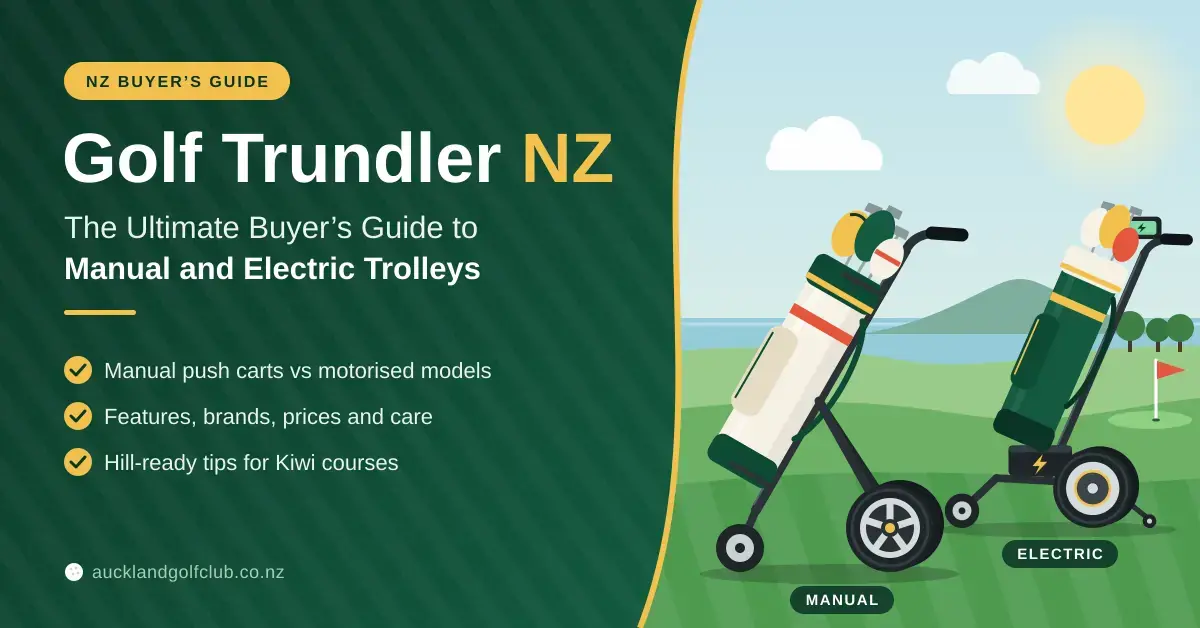 Illustrated banner for a golf trundler buyer’s guide showing a manual push trundler and an electric trundler loaded with golf bags on a green fairway overlooking the sea, beside the title “Golf Trundler NZ: The Ultimate Buyer’s Guide to Manual and Electric Trolleys”.