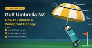 Illustration of a yellow and white vented double-canopy golf umbrella clipped to a golf trundler in wind and rain beside a flag on the green, with the heading Golf Umbrella NZ: How to Choose a Windproof Canopy.