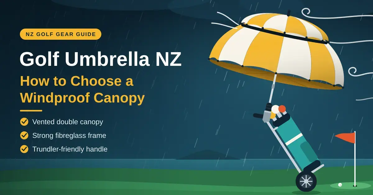 Illustration of a yellow and white vented double-canopy golf umbrella clipped to a golf trundler in wind and rain beside a flag on the green, with the heading Golf Umbrella NZ: How to Choose a Windproof Canopy.