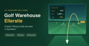 Illustrated featured image for a guide to Golf Warehouse Ellerslie, showing an indoor golf simulator screen with a ball-flight tracer, launch, spin and carry data, and a teed-up ball on a hitting mat beside the text "Custom fitting & club services in Auckland".