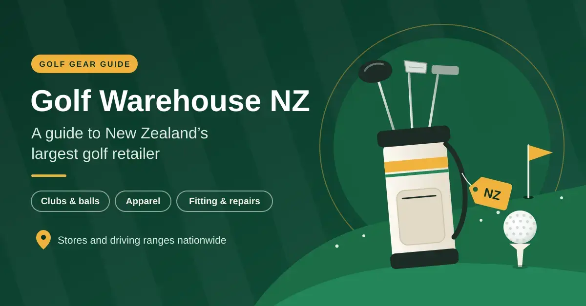 Illustration of a golf bag with clubs, a golf ball on a tee and a flag on a green fairway, beside the heading "Golf Warehouse NZ" and the subtitle "A guide to New Zealand's largest golf retailer".