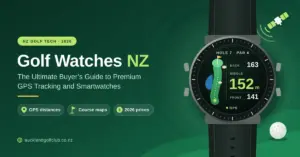 Illustration of a golf GPS watch showing a hole map with front, middle and back distances to the green in metres, beside the headline “Golf Watches NZ: The Ultimate Buyer’s Guide to Premium GPS Tracking and Smartwatches” on a green fairway-themed background.