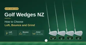 Illustrated banner for a guide to choosing golf wedges in New Zealand, showing four steel wedges labelled pitching 48°, gap 52°, sand 56° and lob 60° beside the headline and icons for loft, bounce and grind.