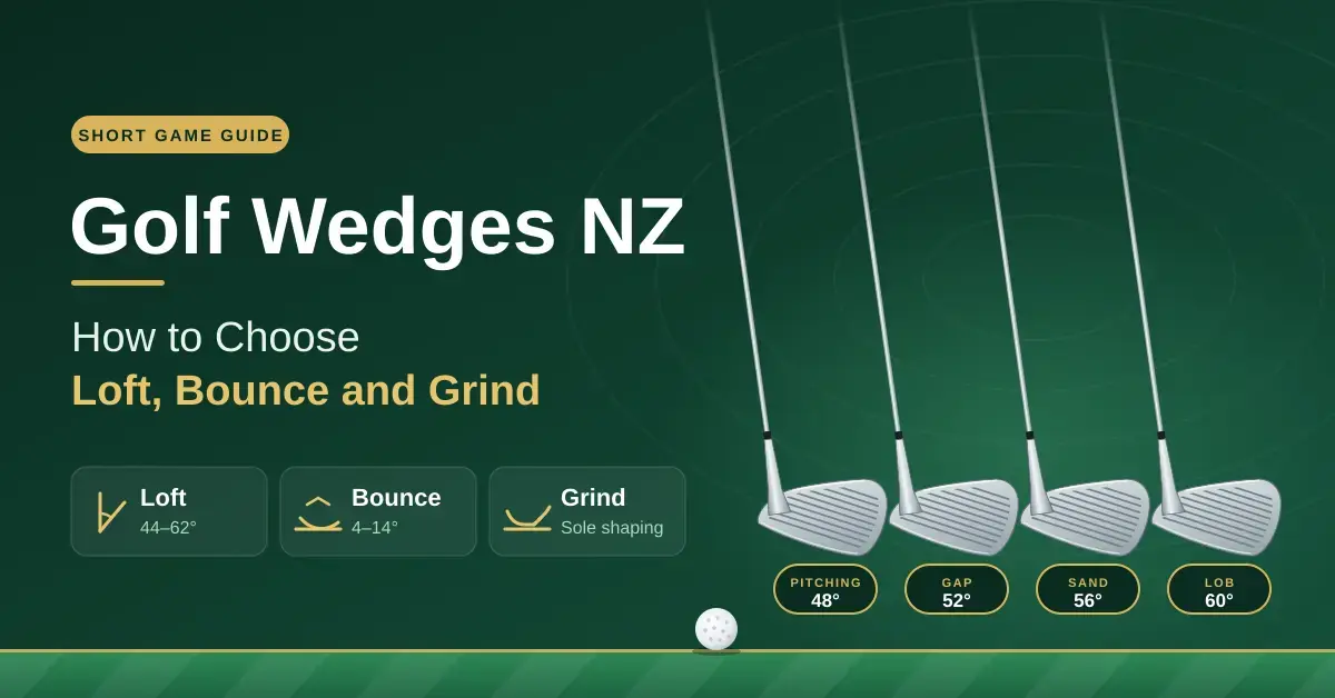 Illustrated banner for a guide to choosing golf wedges in New Zealand, showing four steel wedges labelled pitching 48°, gap 52°, sand 56° and lob 60° beside the headline and icons for loft, bounce and grind.