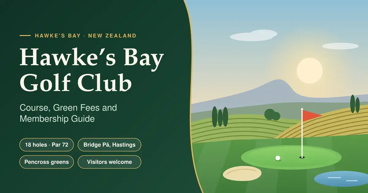 Illustrated featured image for a guide to Hawke’s Bay Golf Club, showing a flag on a putting green beside a bunker and pond, with vineyard-covered hills and a distant peak under a golden sky.