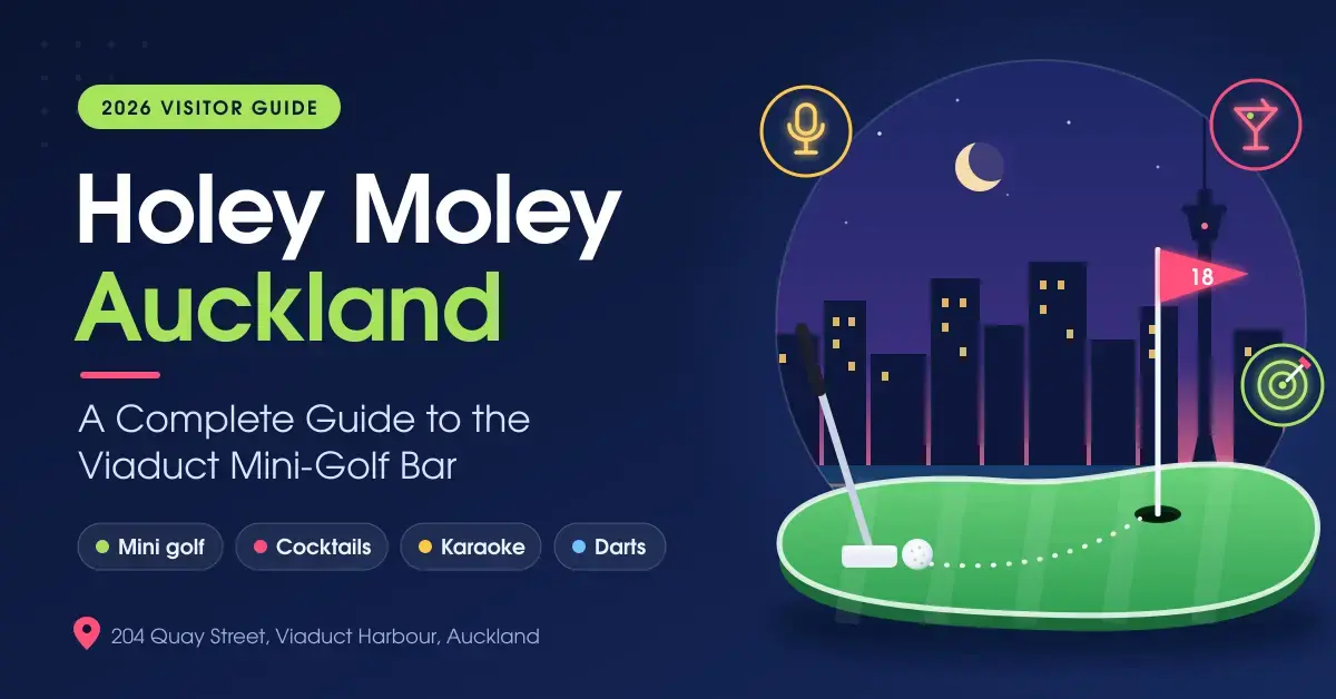 Illustrated featured graphic for a Holey Moley Auckland guide, showing a mini-golf green with a putter, ball and flag in front of a night-time Viaduct Harbour skyline, with icons for karaoke, cocktails and darts.