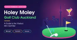 Illustrated featured image for a guide to Holey Moley Golf Club Auckland, showing a neon-lit mini-golf green with a putter, golf ball and flag in front of the Viaduct Harbour skyline and Sky Tower, beside a cocktail glass and tags for mini-golf, cocktails and karaoke.