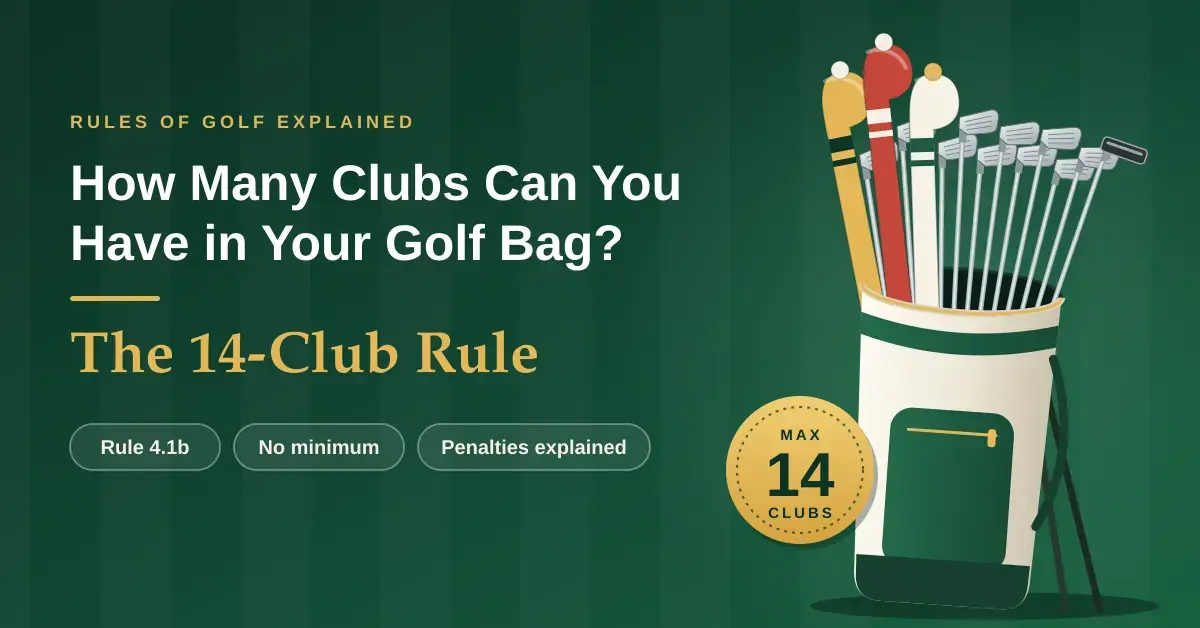 Illustrated golf bag holding 14 clubs, including three woods in colourful headcovers, irons and a putter, beside a gold badge reading "Max 14 clubs" and the title "How Many Clubs Can You Have in Your Golf Bag? The 14-Club Rule" on a green background.