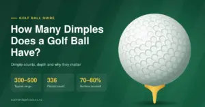 Illustration of a white dimpled golf ball on a gold tee against a striped fairway-green background, beside the title "How Many Dimples Does a Golf Ball Have?" and quick facts showing a typical range of 300–500 dimples, a classic count of 336 and 70–80% surface coverage.