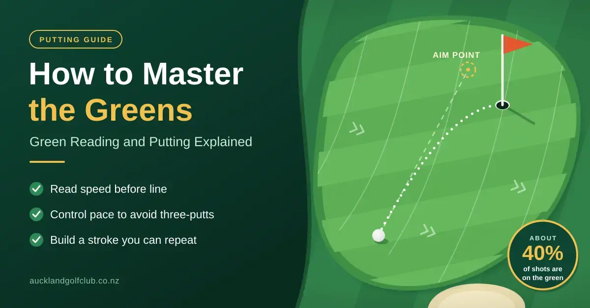 Illustrated top-down view of a golf putting green with slope lines and a dotted putt that starts towards an aim point, then curves into the hole beside a flag, next to the title "How to Master the Greens: Green Reading and Putting Explained".