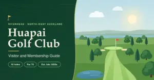 Illustrated featured image for the Huapai Golf Club visitor and membership guide, showing a tree-lined parkland fairway leading to a flagged green, with a pond in the foreground and the upper Waitematā Harbour beyond, beside the title and the facts 18 holes, Par 70 and Est. late 1930s.