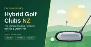 Illustrated banner for a New Zealand buyer's guide to hybrid golf clubs, showing a hybrid club head and golf ball on a fairway with a flag in the distance, next to the title and typical 3H, 4H and 5H lofts.