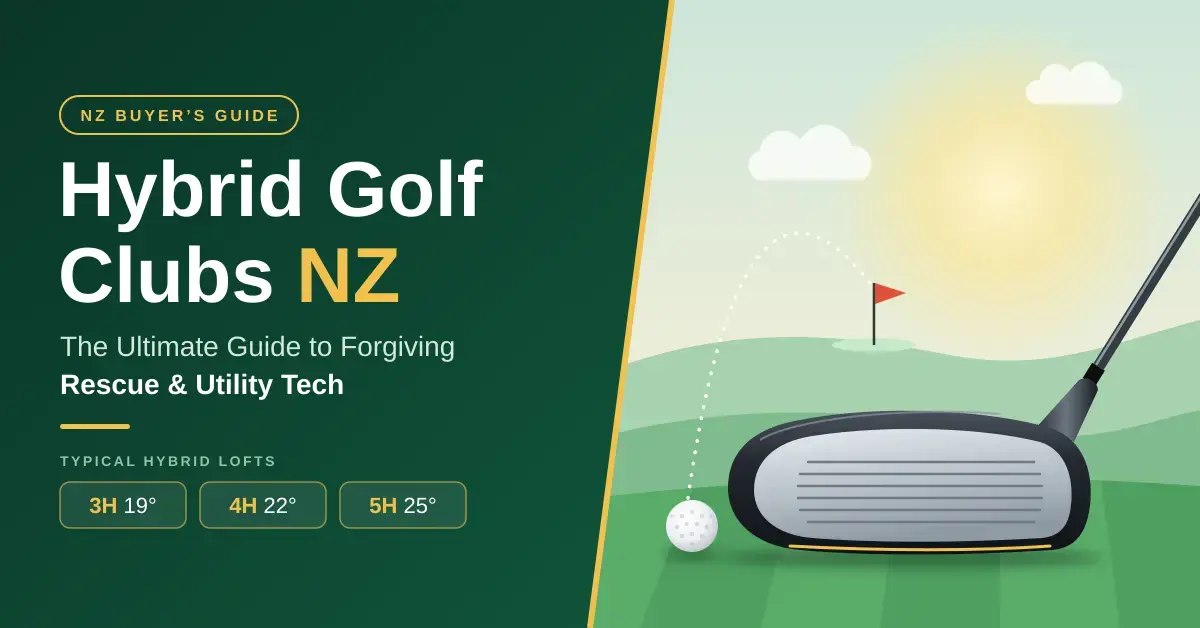 Illustrated banner for a New Zealand buyer's guide to hybrid golf clubs, showing a hybrid club head and golf ball on a fairway with a flag in the distance, next to the title and typical 3H, 4H and 5H lofts.