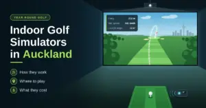 Illustration of an indoor golf simulator bay with a golf ball on a hitting mat, a launch monitor and a large screen showing a virtual fairway, shot data and a city skyline, alongside the headline 'Indoor Golf Simulators in Auckland'.