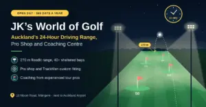 Illustration of JK's World of Golf in Māngere, Auckland, showing a floodlit 270-metre driving range at night with target flags, a 24-hour clock and key details about the pro shop, TrackMan fitting and coaching.