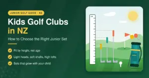 Illustration of three colour-coded junior golf clubs of increasing length beside a height ruler, with a kids golf bag, a ball on a tee and a flag on a green, next to the title "Kids Golf Clubs in NZ: How to Choose the Right Junior Set".