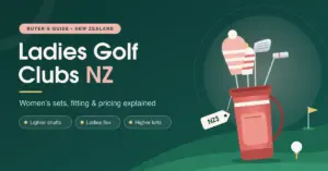 Illustrated pink golf bag with knitted headcovers, an iron, a putter and an NZ$ price tag on a green course, next to the title “Ladies Golf Clubs NZ” and the words “Women’s sets, fitting & pricing explained”.