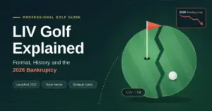 Illustrated graphic titled "LIV Golf Explained: Format, History and the 2026 Bankruptcy" showing a putting green with a flag and golf ball split in two by a jagged crack, beside a small chart with a falling red line marking the league's 2026 funding crisis.