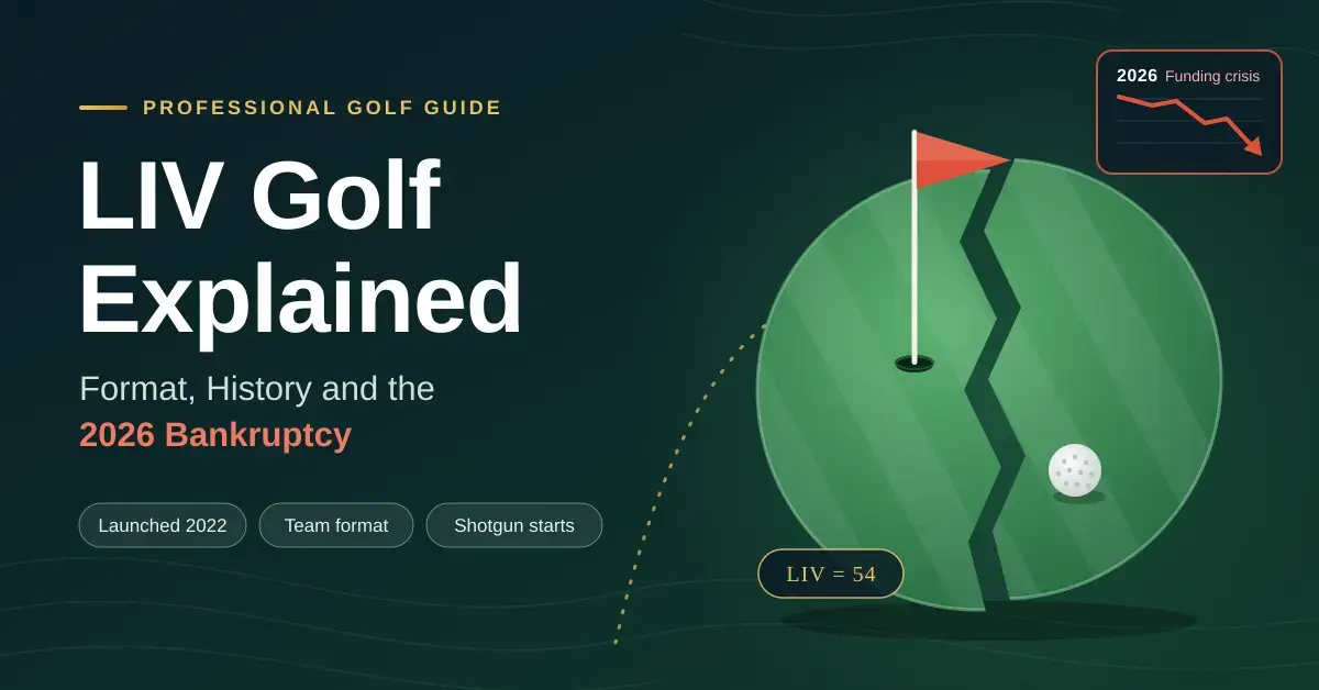Illustrated graphic titled "LIV Golf Explained: Format, History and the 2026 Bankruptcy" showing a putting green with a flag and golf ball split in two by a jagged crack, beside a small chart with a falling red line marking the league's 2026 funding crisis.